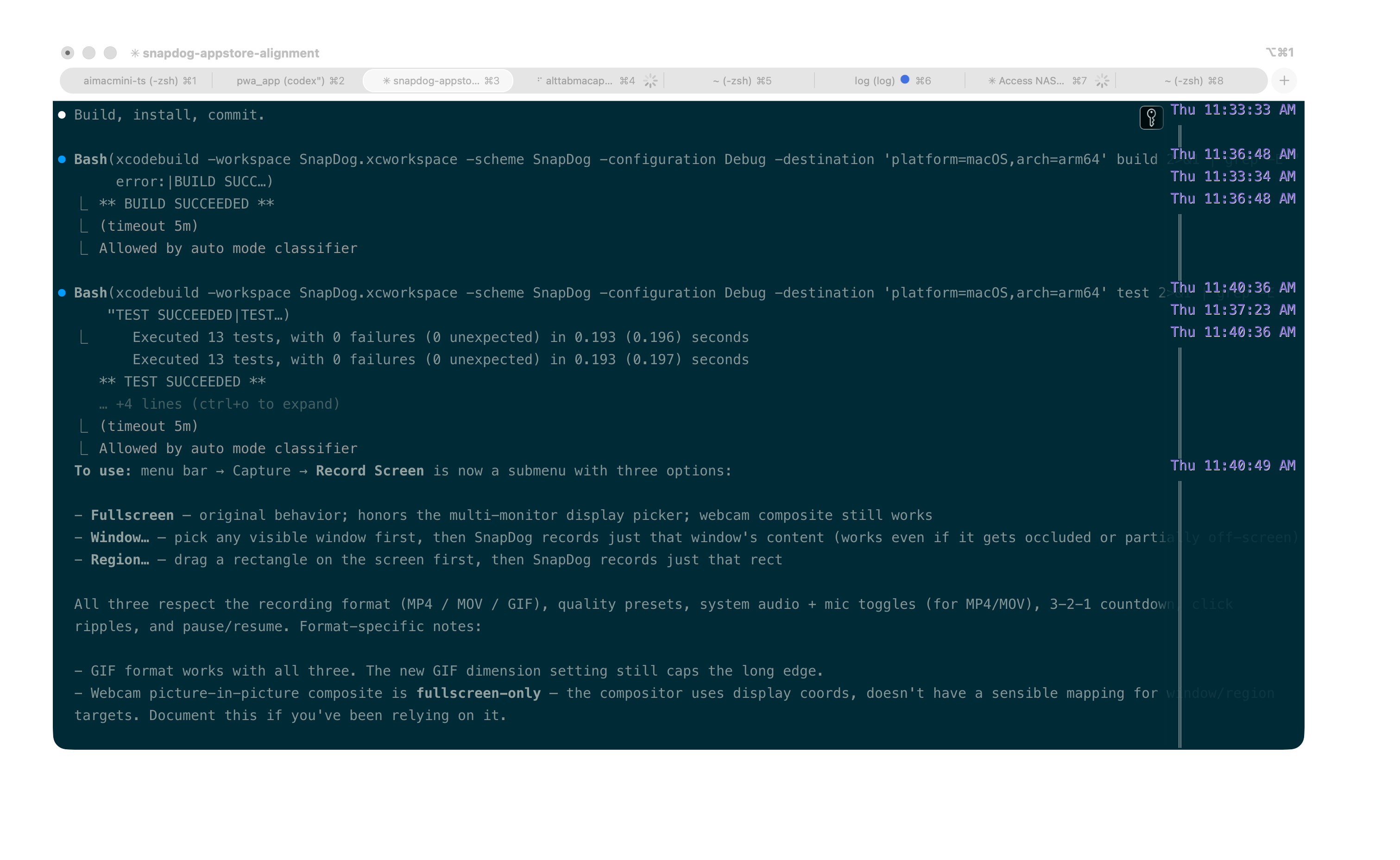 SnapDog running on macOS: the menu bar capture menu and the annotation editor with arrows, text, and blur tools